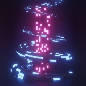 an abstract depiction of data using glowing shapes and dark background